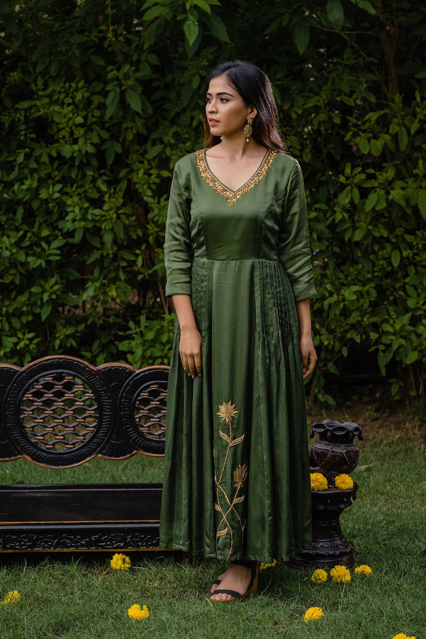 Green Pleated Long Dress — view 1