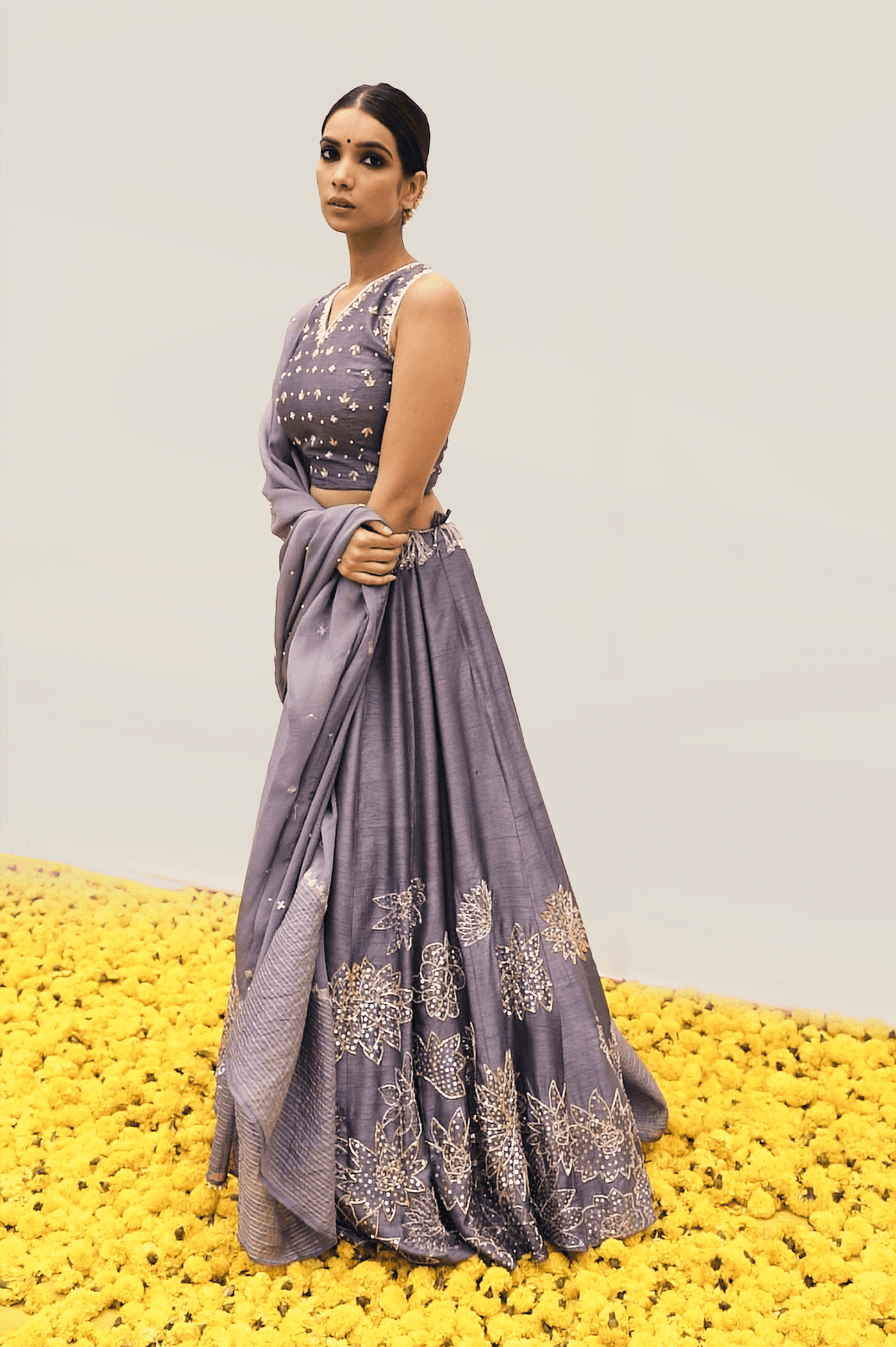 Grey Lehenga set with intricate floral handwork — view 1