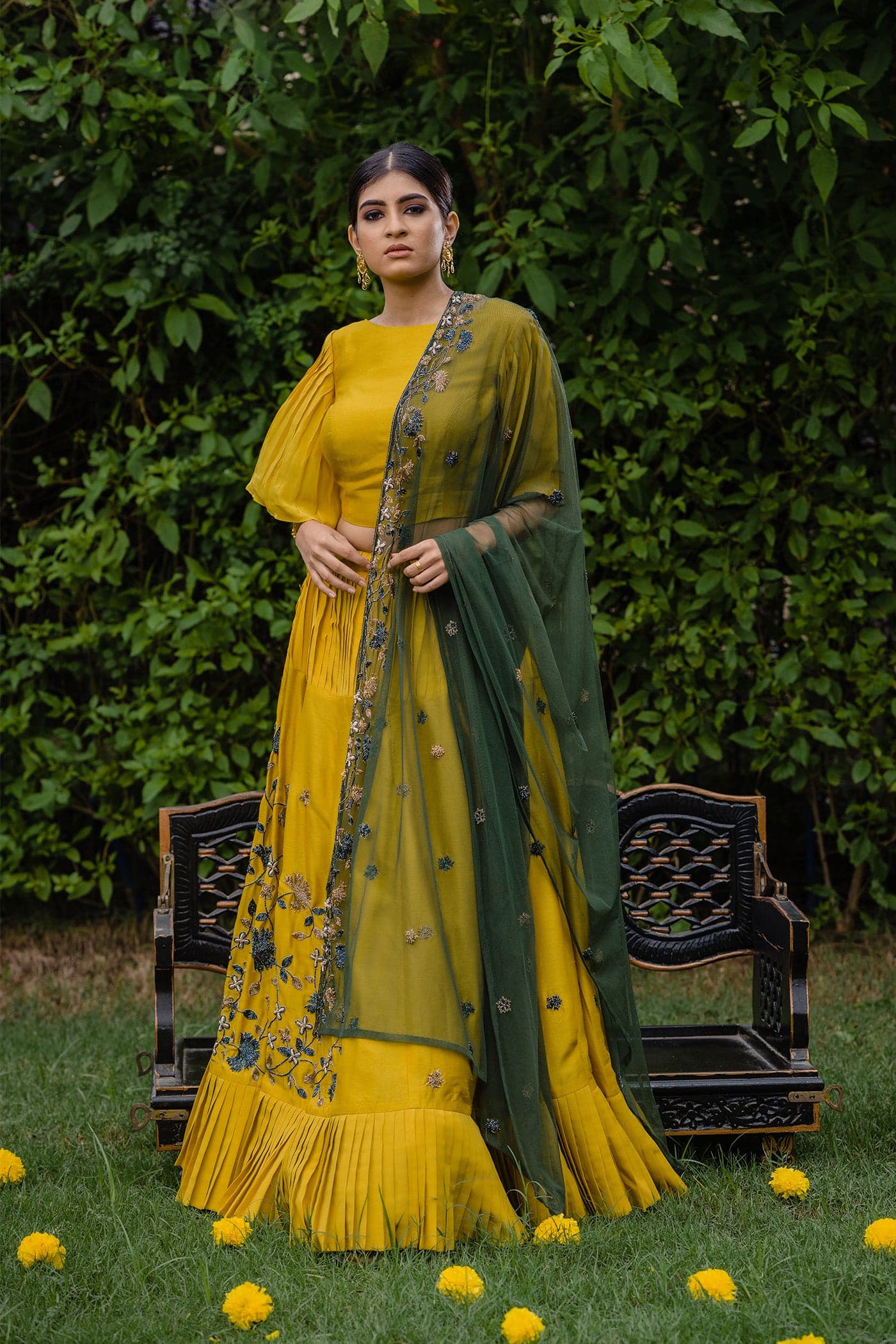 Mustard Pleated Lehenga with Green Dupatta — view 1