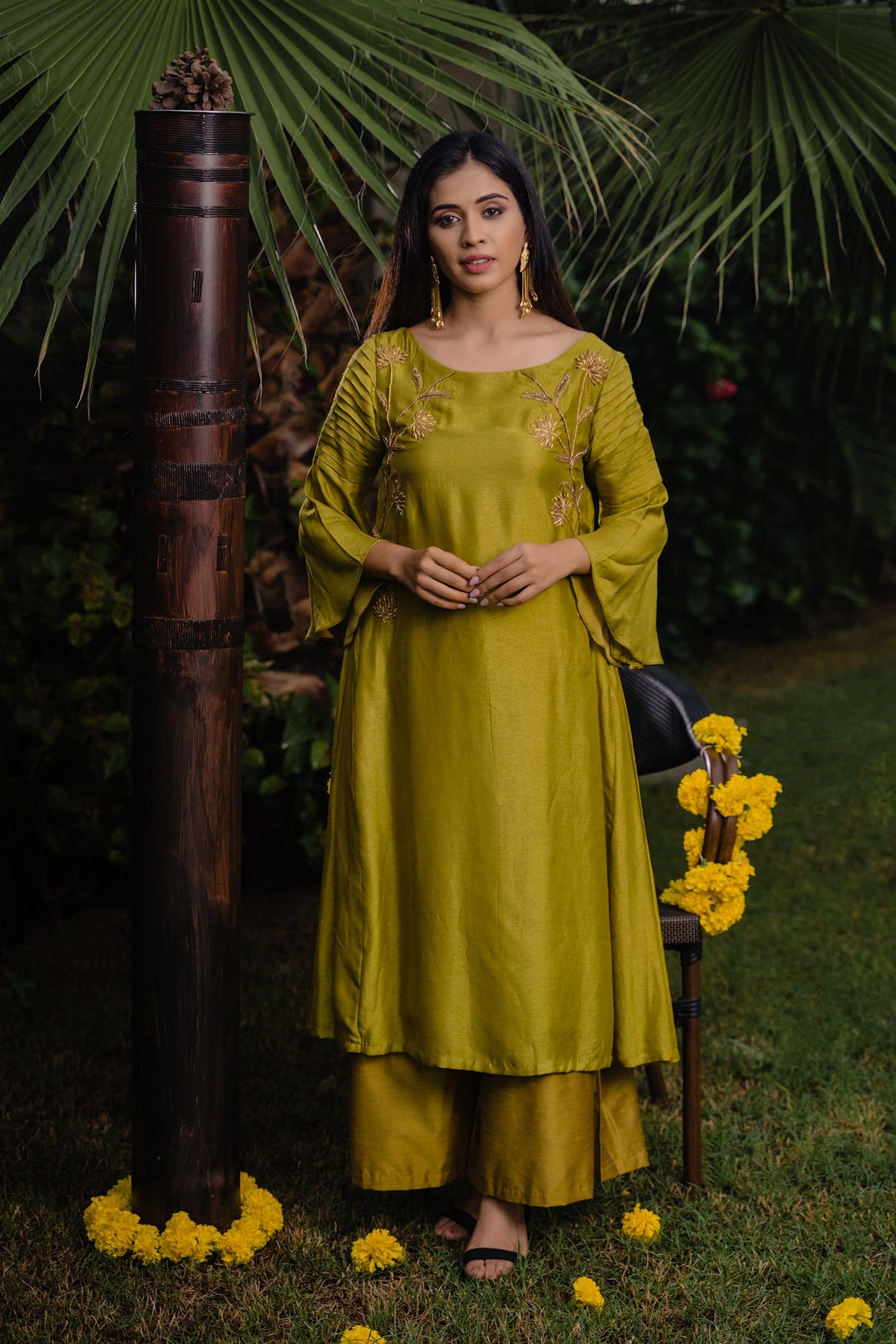 Olive Green Pleated Embroidered Top — view 1