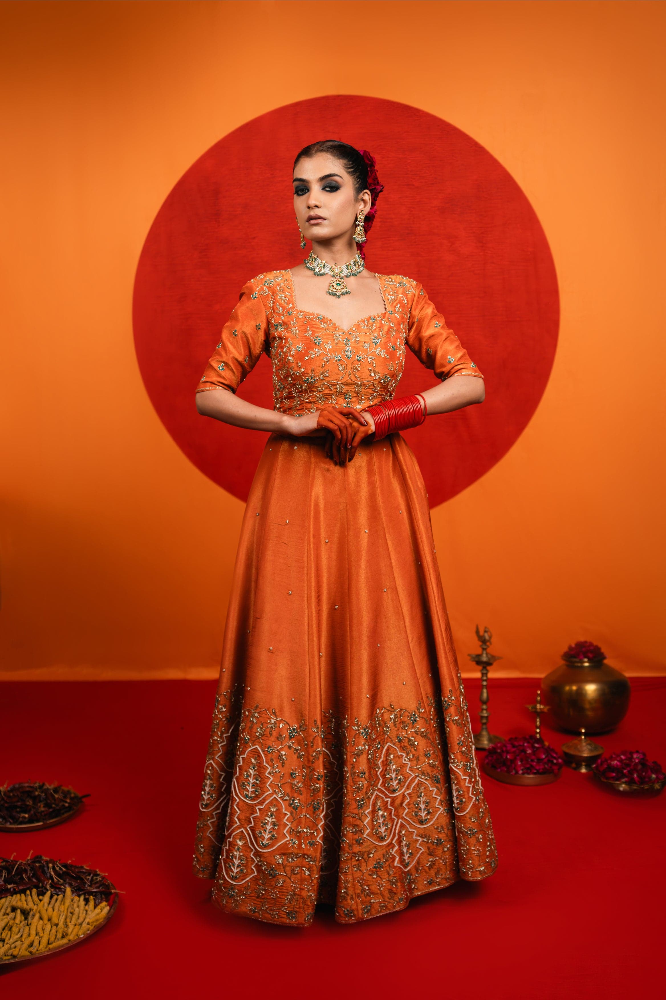 Orange Embroidered Lehenga Set — view 1