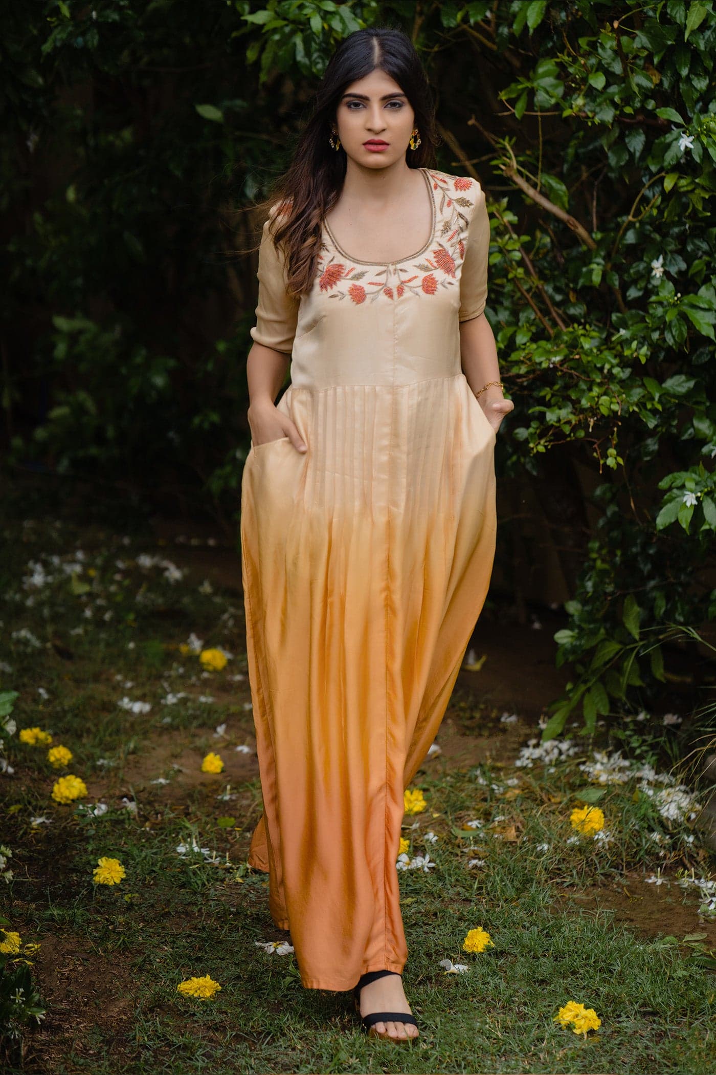 Orange Ombre Pleated Anarkali — view 1