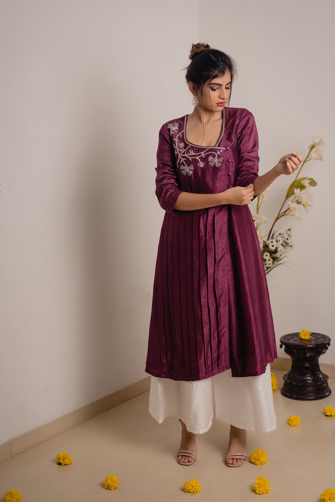 Wine Pleated Top with Hand work — view 1
