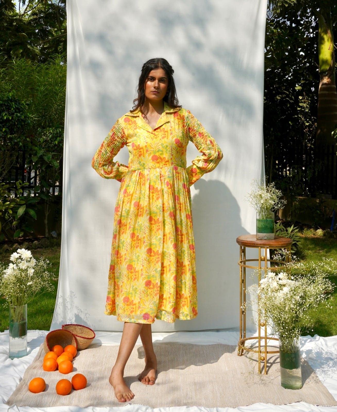 Yellow Printed Mul Dress — view 1