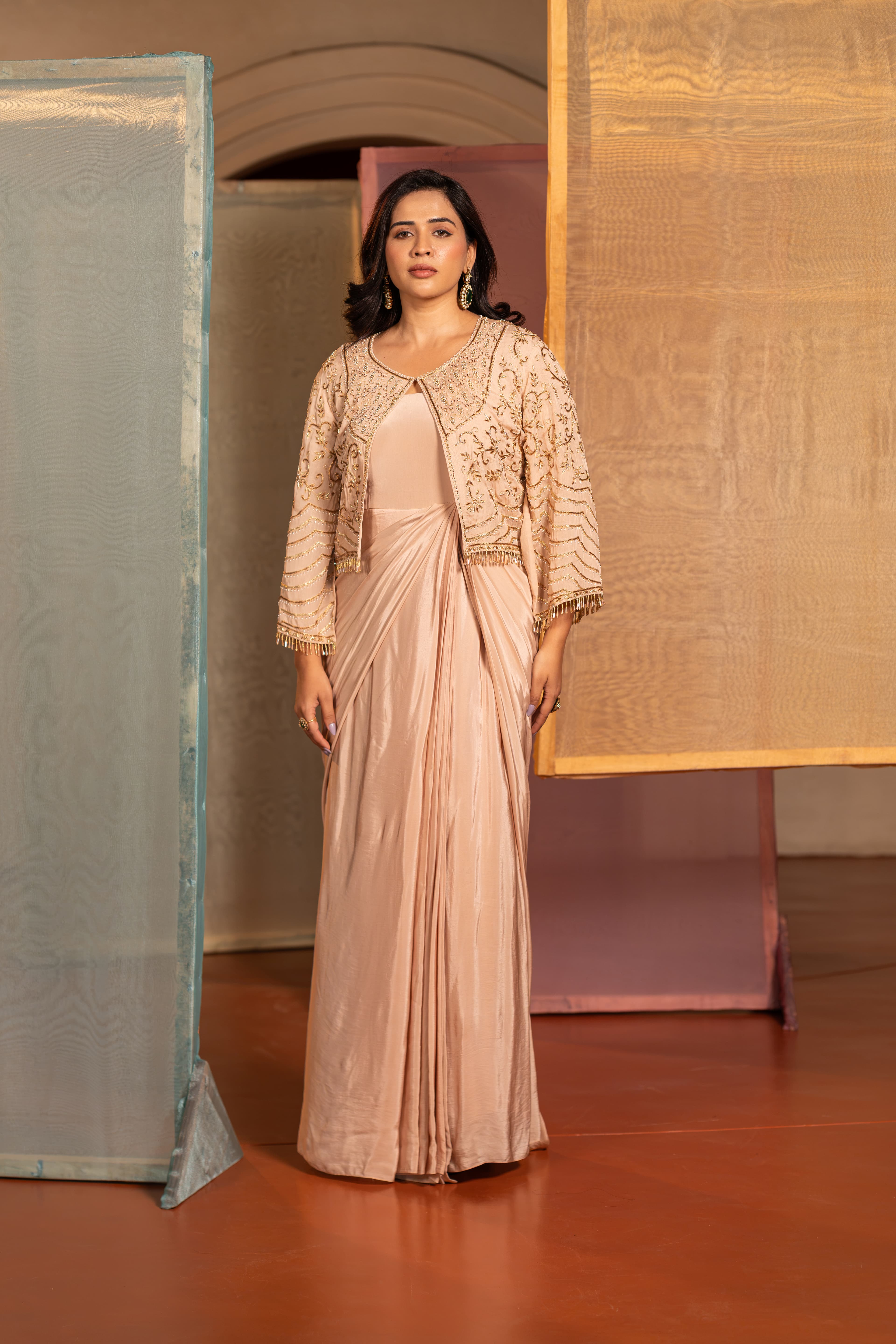 Soft Cream Draped Silhouette with Handwork Jacket