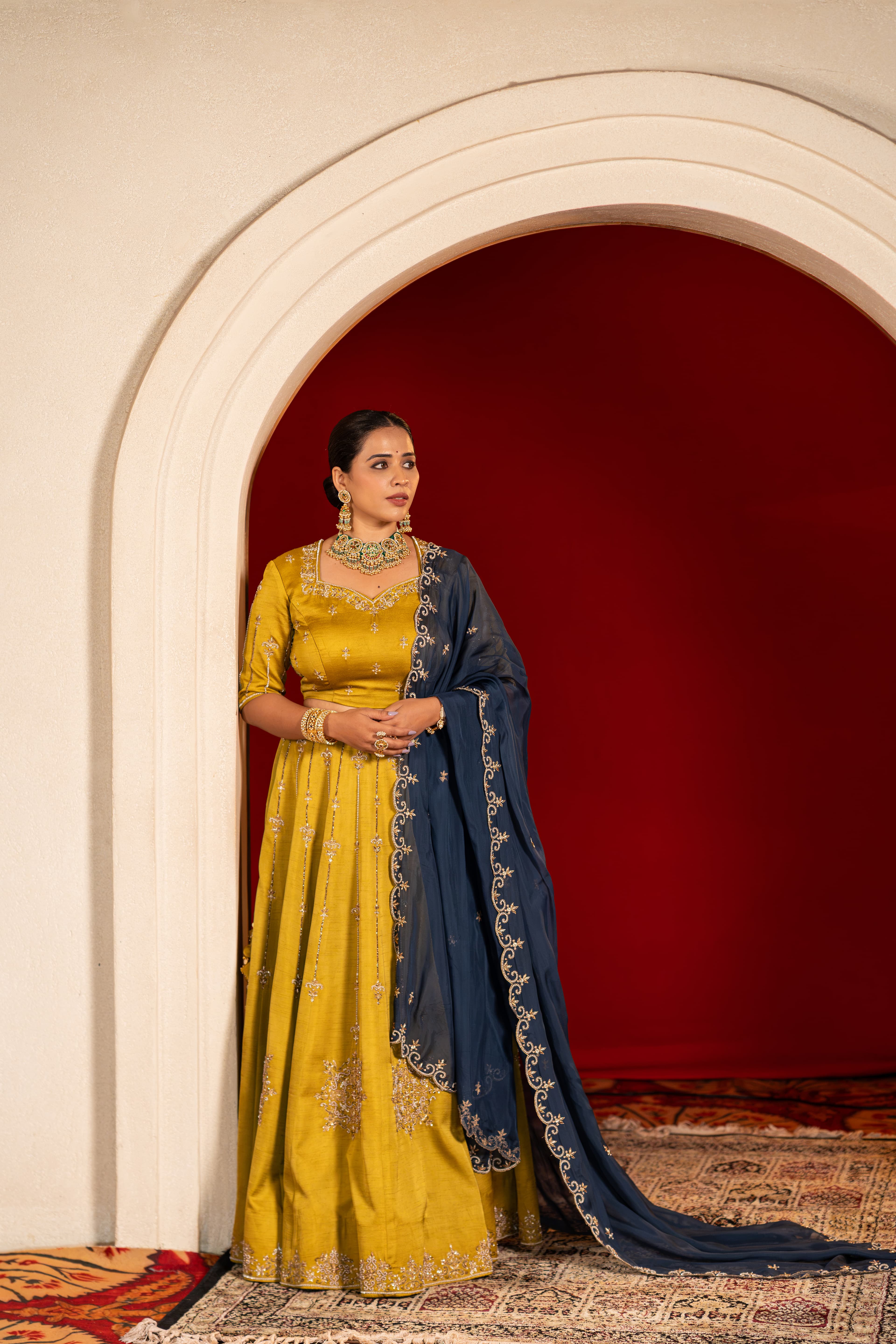 Mehendi Green Lehenga with Blue Dupatta Set