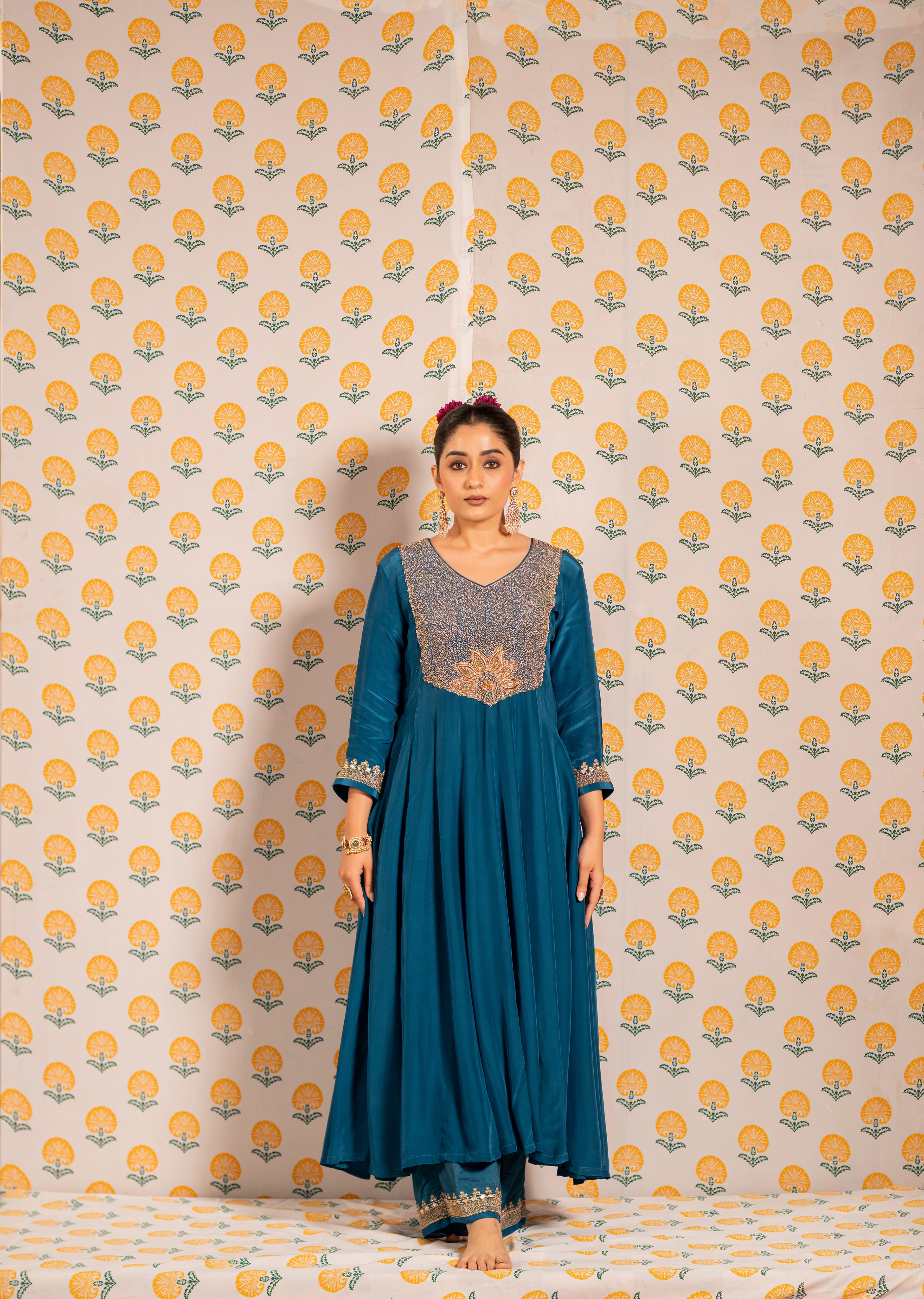 Teal Blue A-line kurta set with handwork