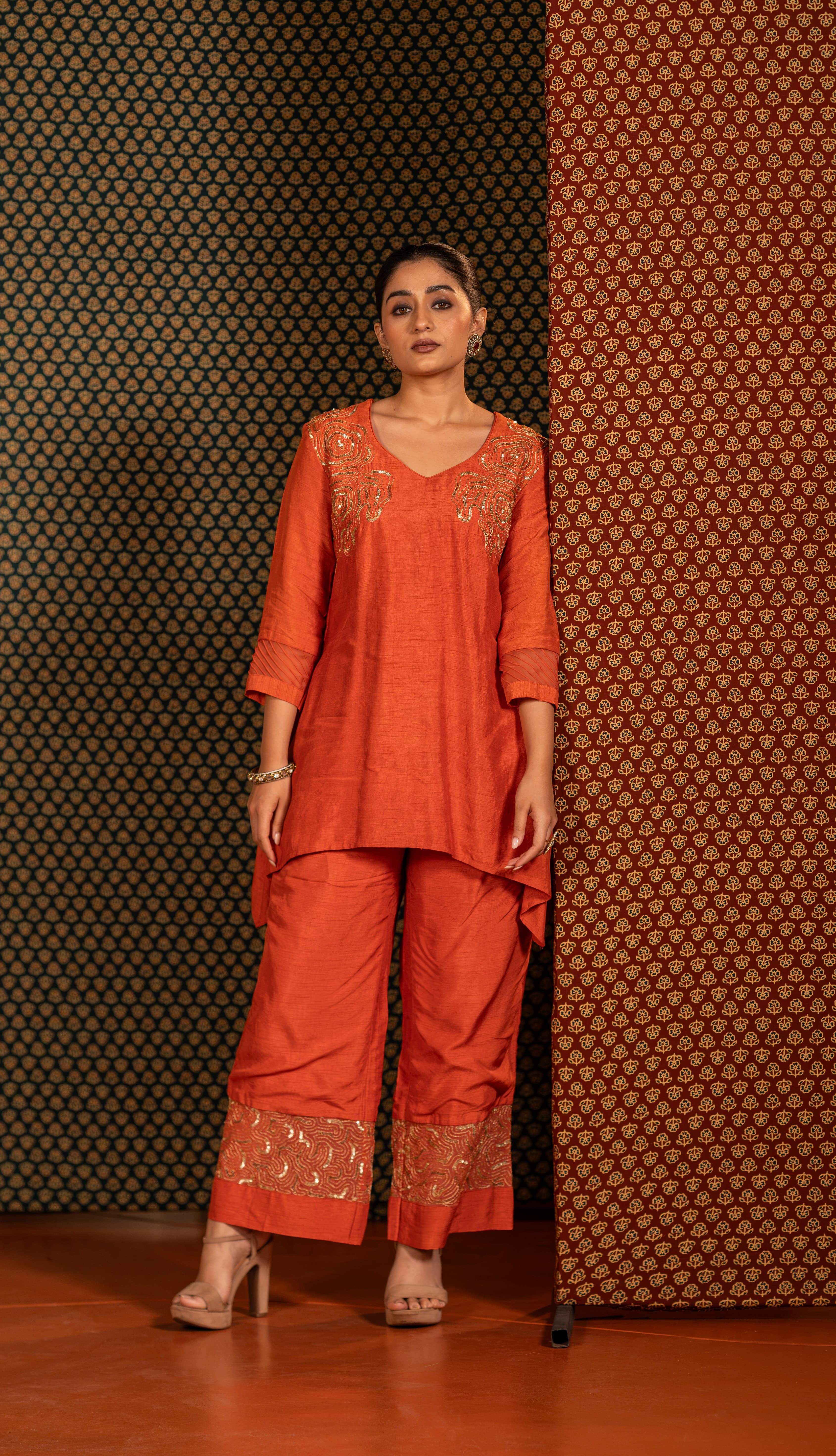Orange Top Pant set with delicate handwork