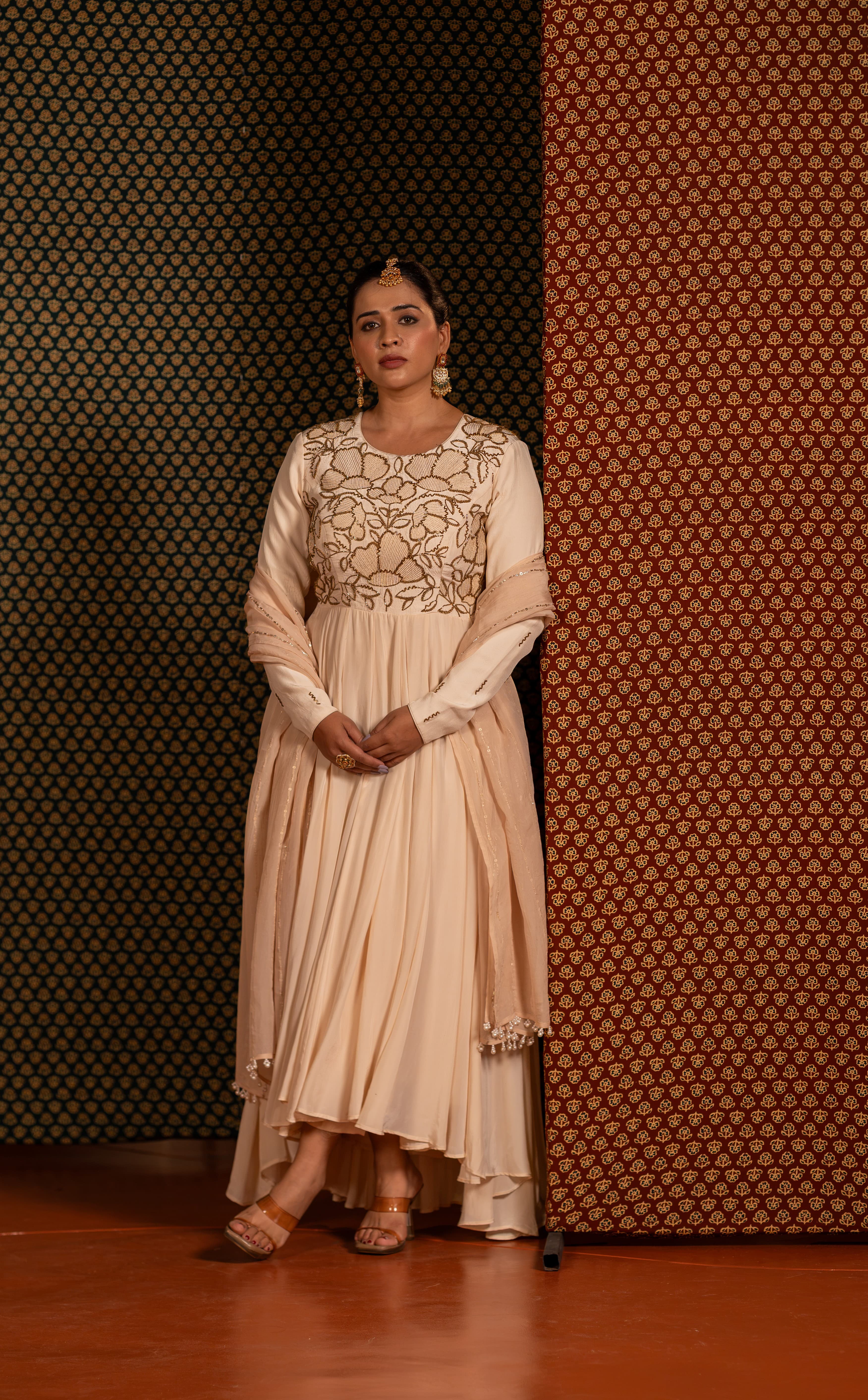 Beige Anarkali Set with traditional handwork