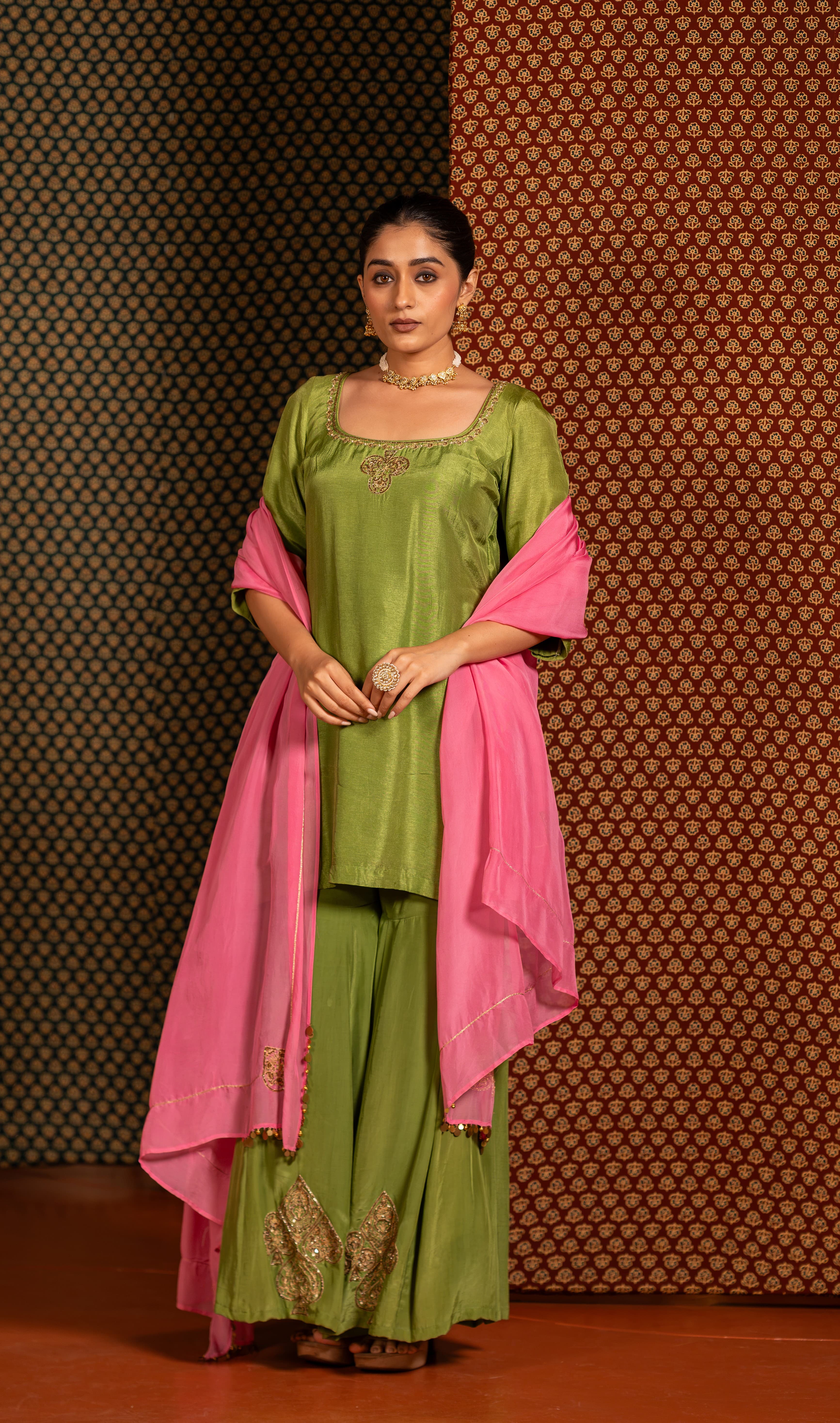 Parrot Green handwork kurta set with Baby Pink Dupatta