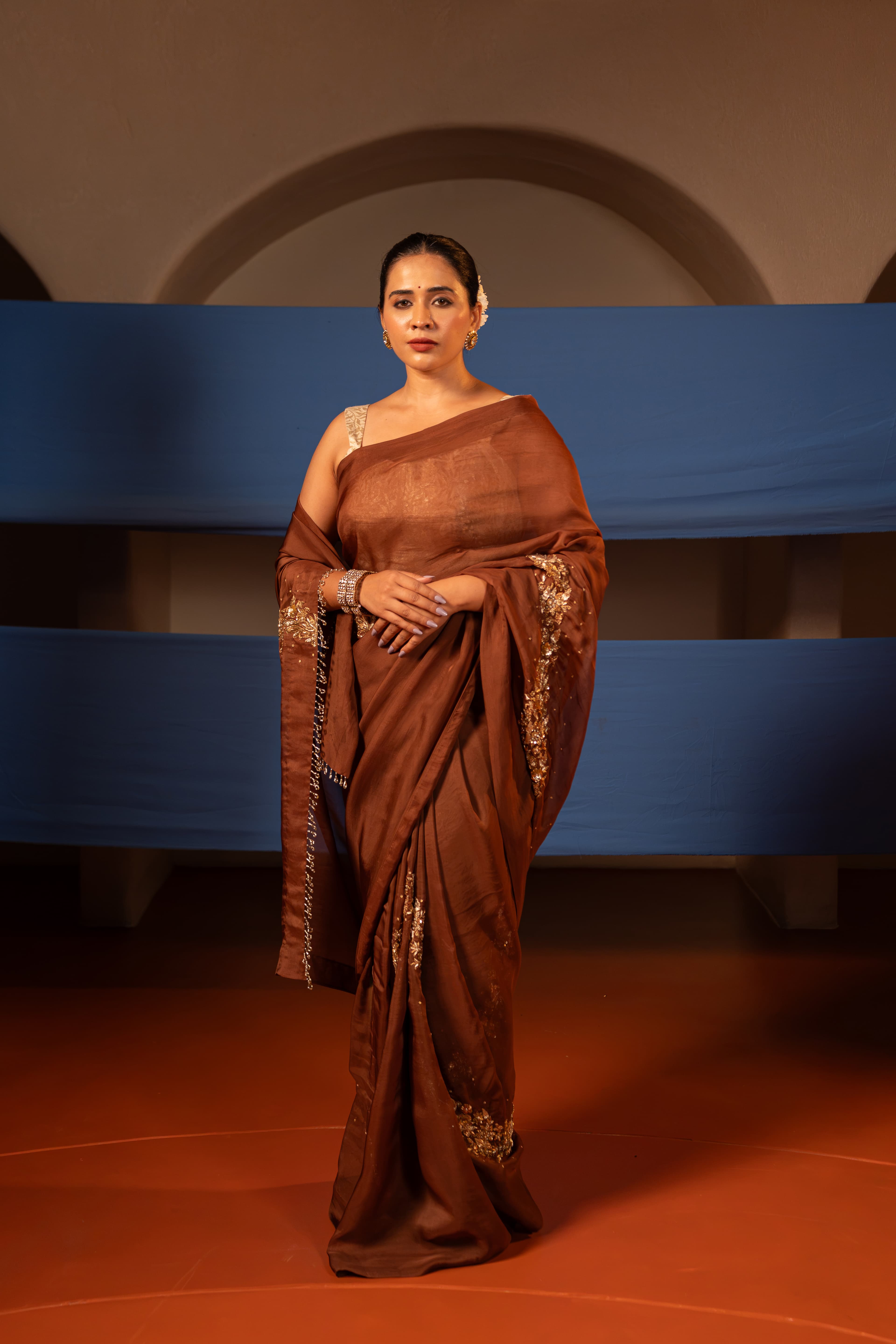 Brown Organza Hand work Saree