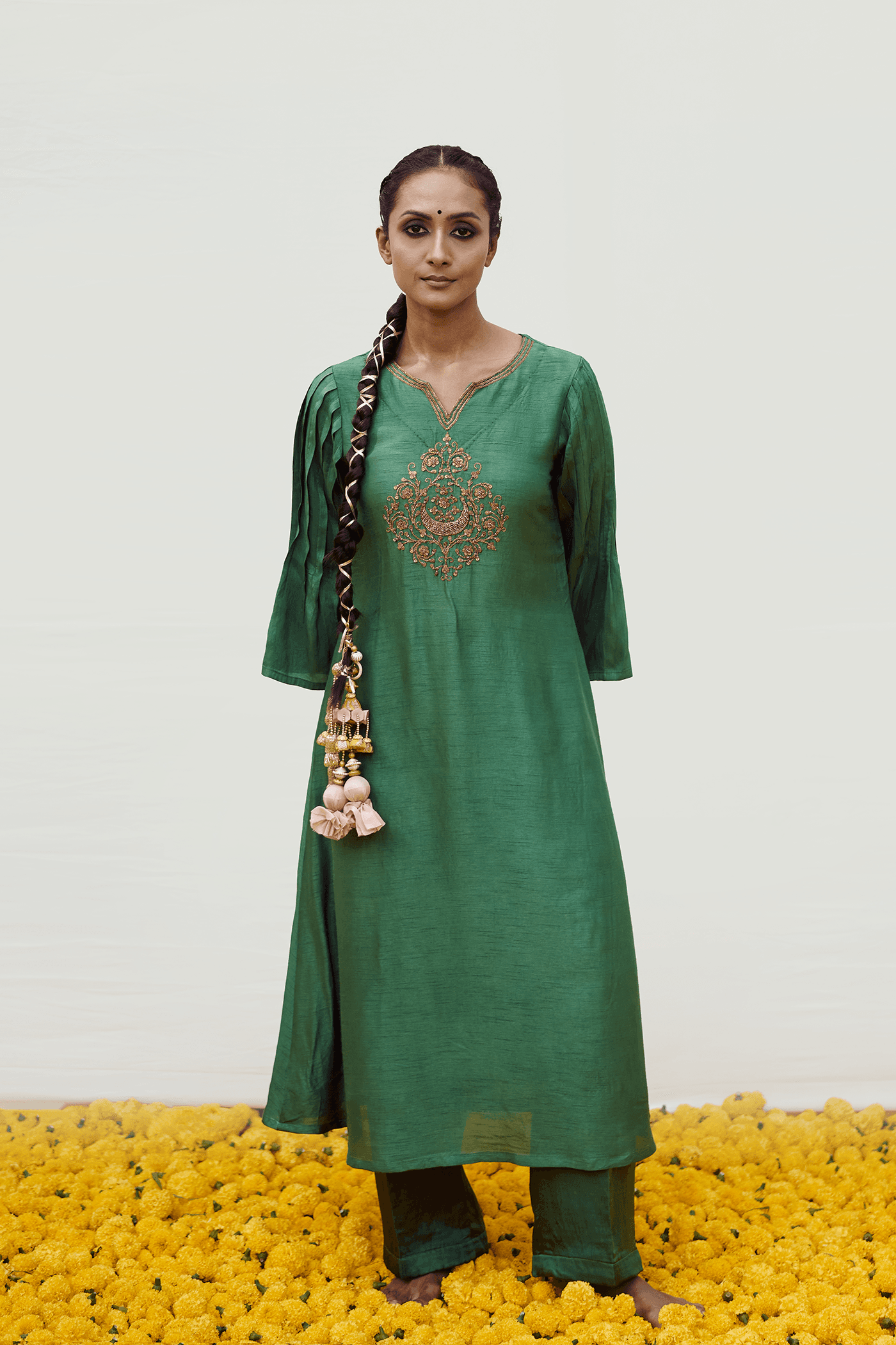 Forest Green kurta set with hand embellished motifs — view 1