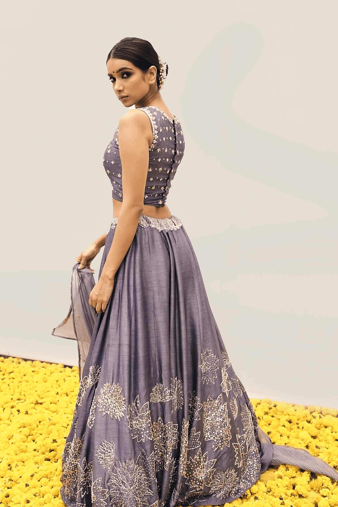 Craftsmanship detail — Grey Lehenga set with intricate floral handwork