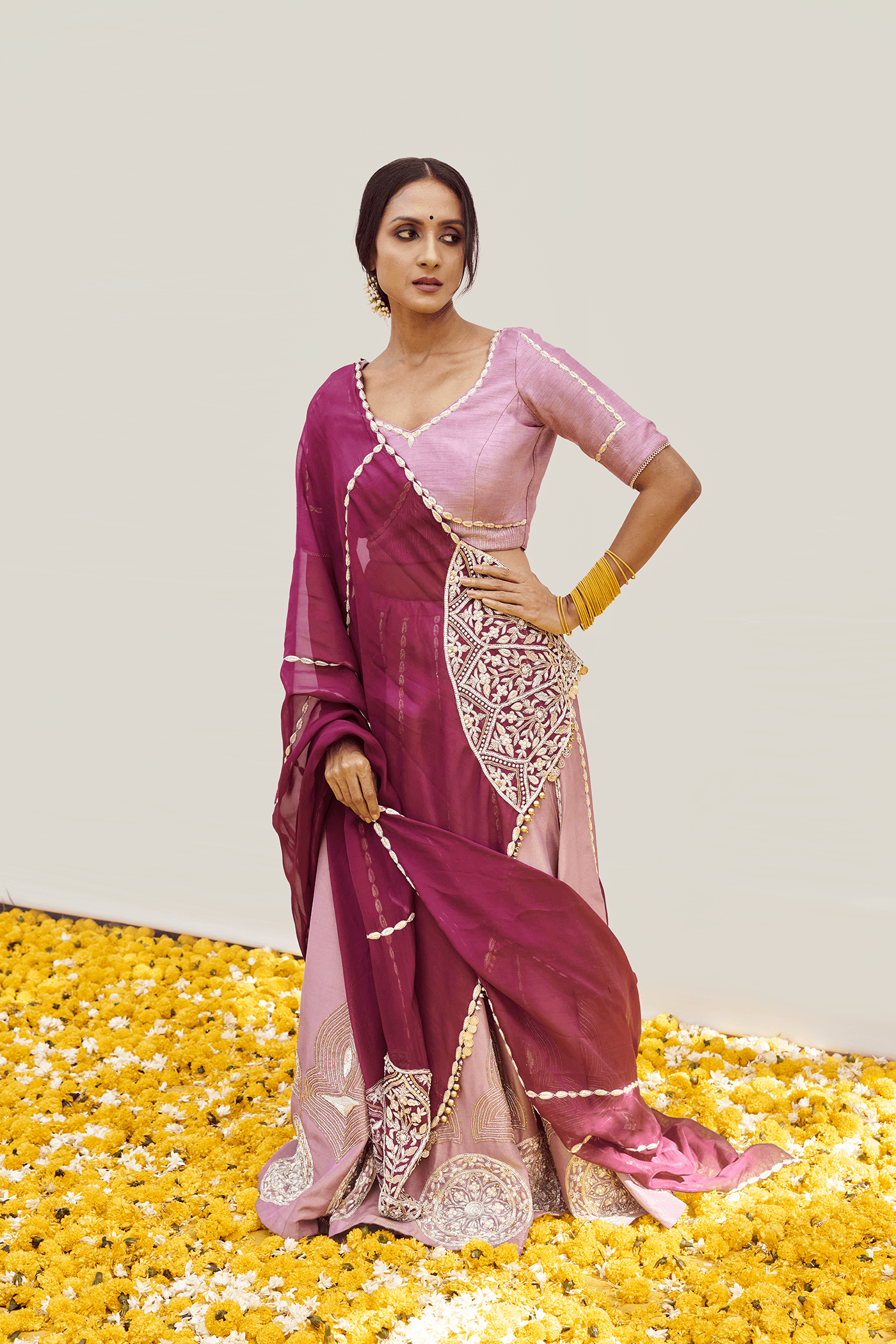 Lilac Lehenga set with Golden - Silver zardosi, sequins and cut dana — view 1