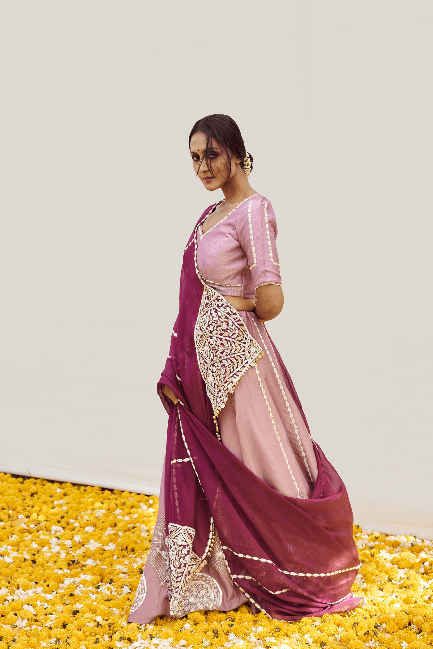 Craftsmanship detail — Lilac Lehenga set with Golden - Silver zardosi, sequins and cut dana