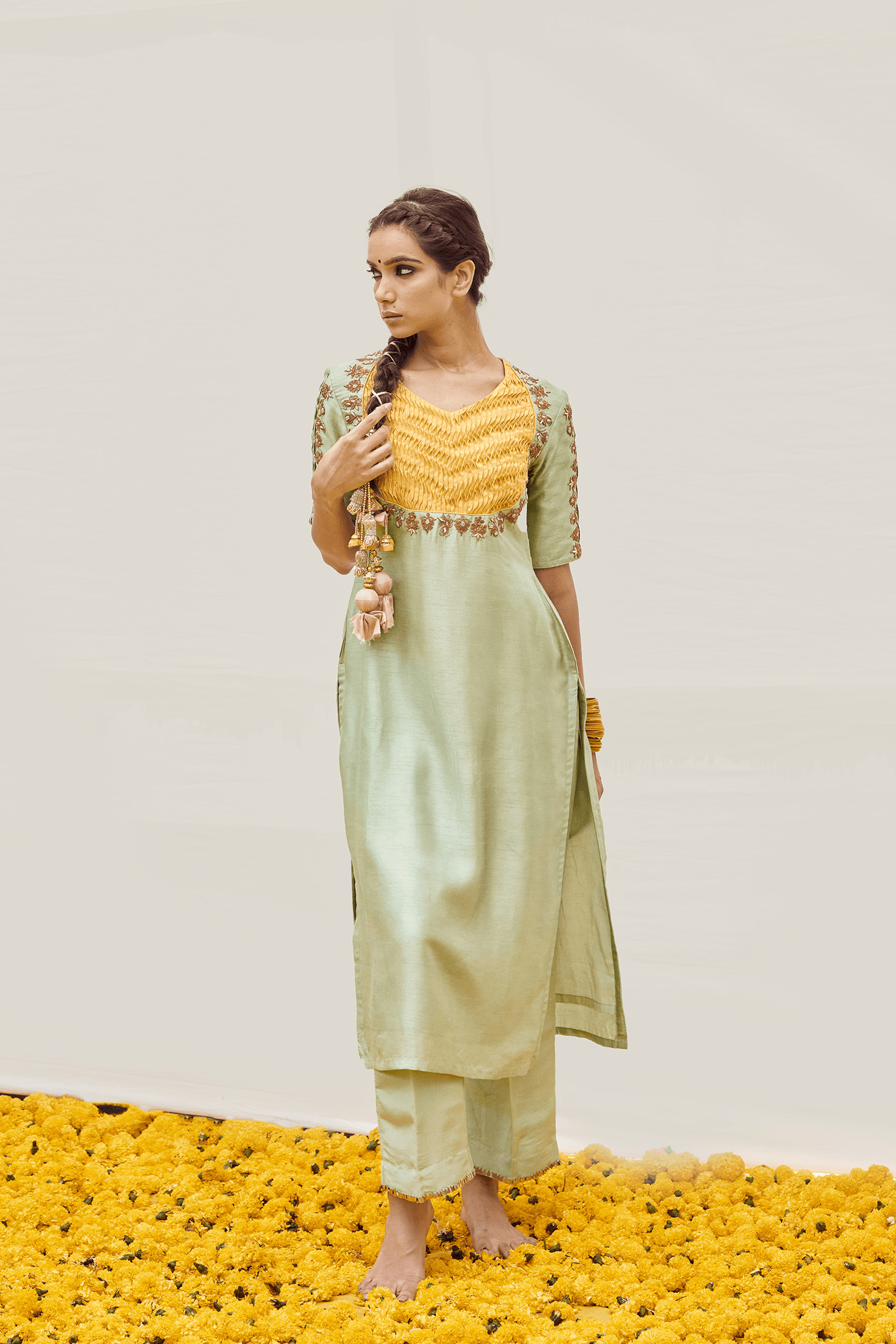 Mint Yellow kurta set with Hand embellished on Sleeves and bodice — view 1