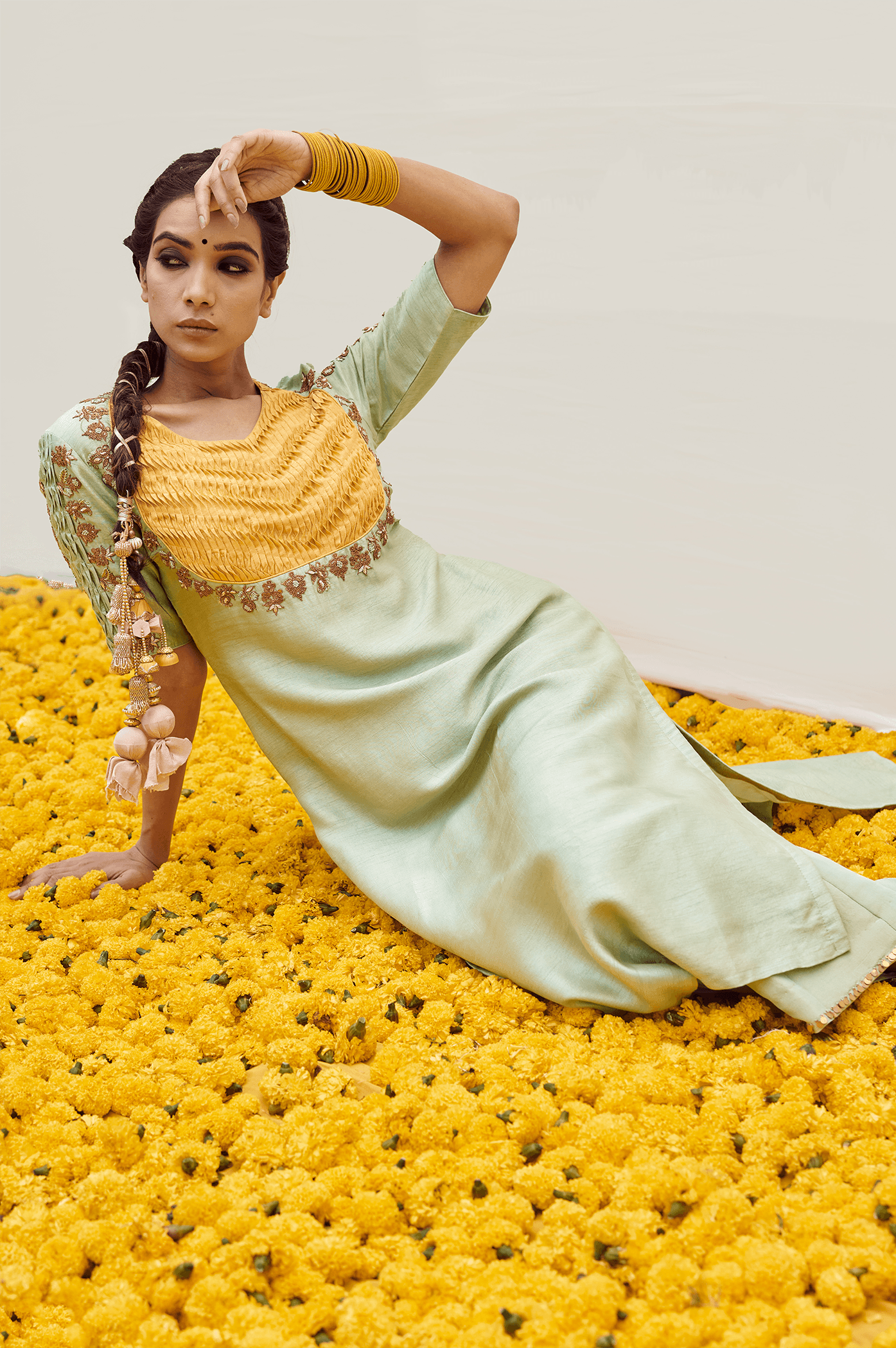 Craftsmanship detail — Mint Yellow kurta set with Hand embellished on Sleeves and bodice