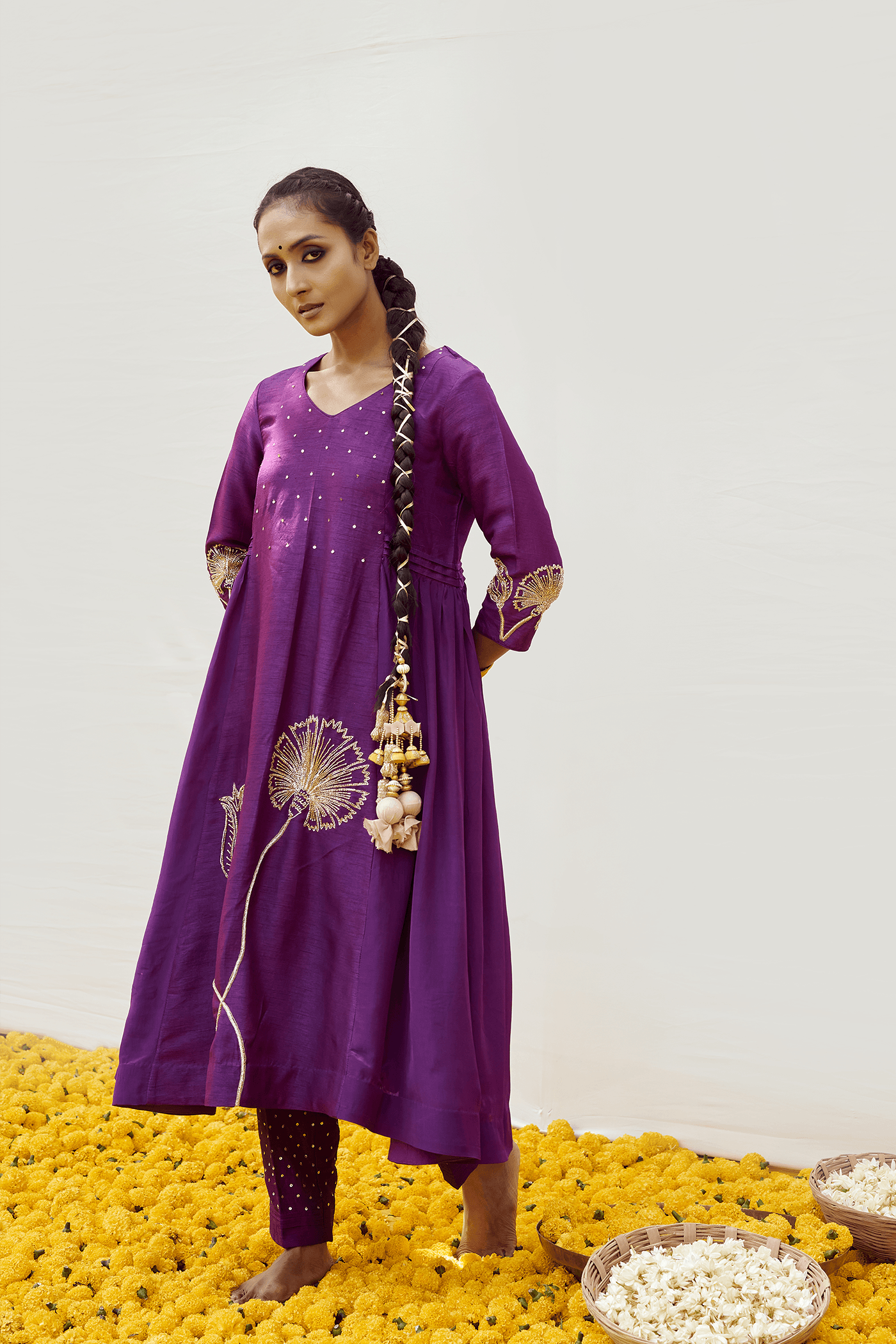 Mulberry Purple kurta set with hand embellished motifs — view 1
