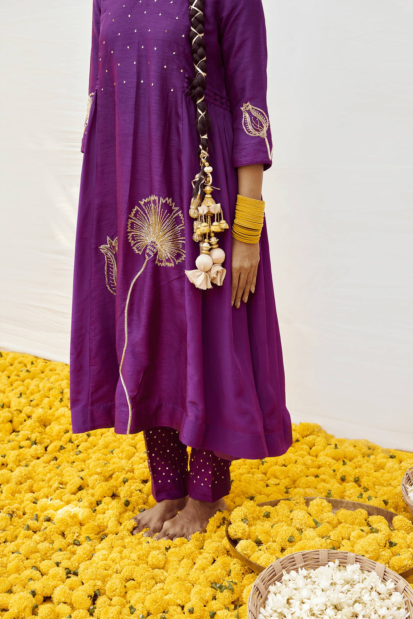 Craftsmanship detail — Mulberry Purple kurta set with hand embellished motifs