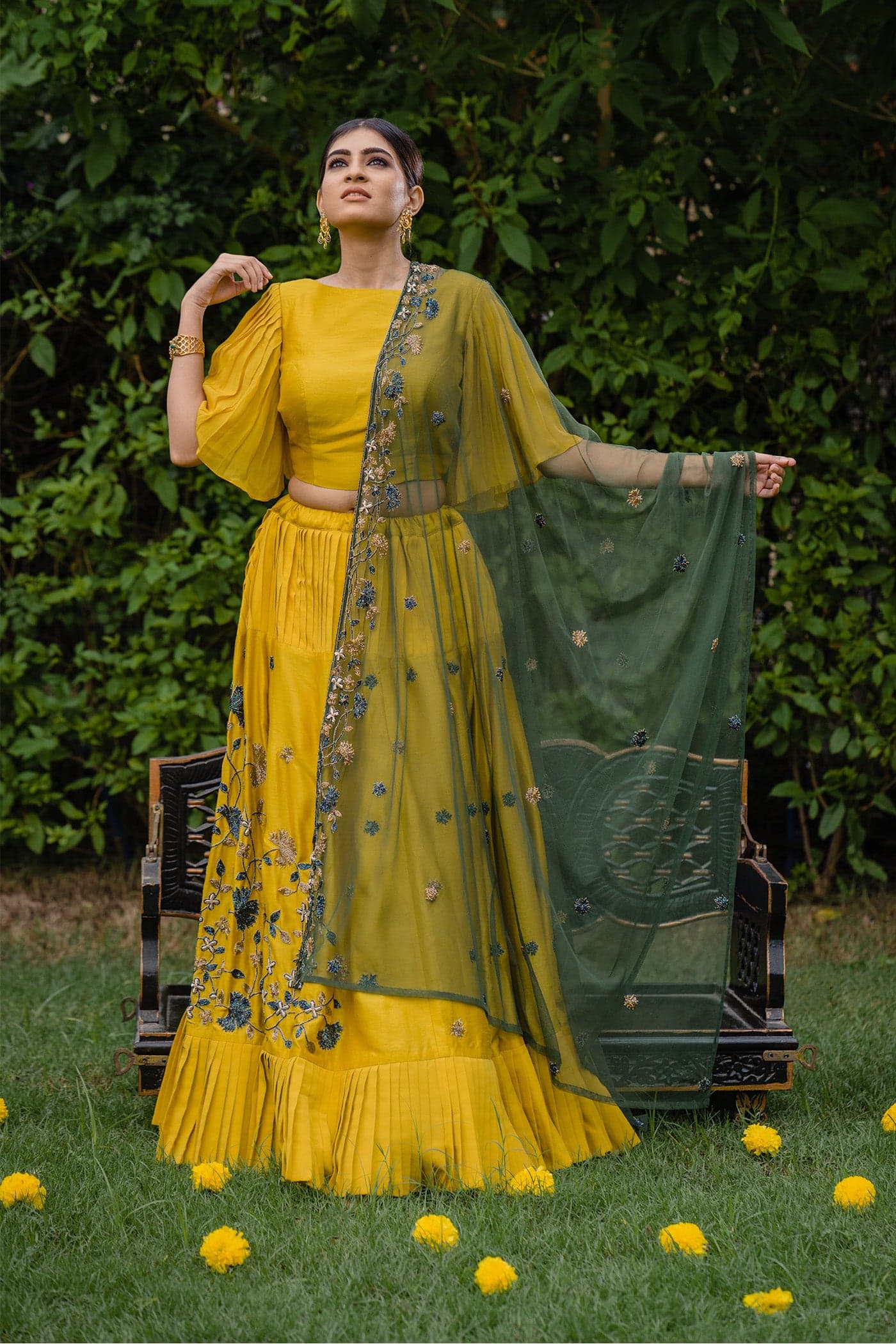 Craftsmanship detail — Mustard Pleated Lehenga with Green Dupatta