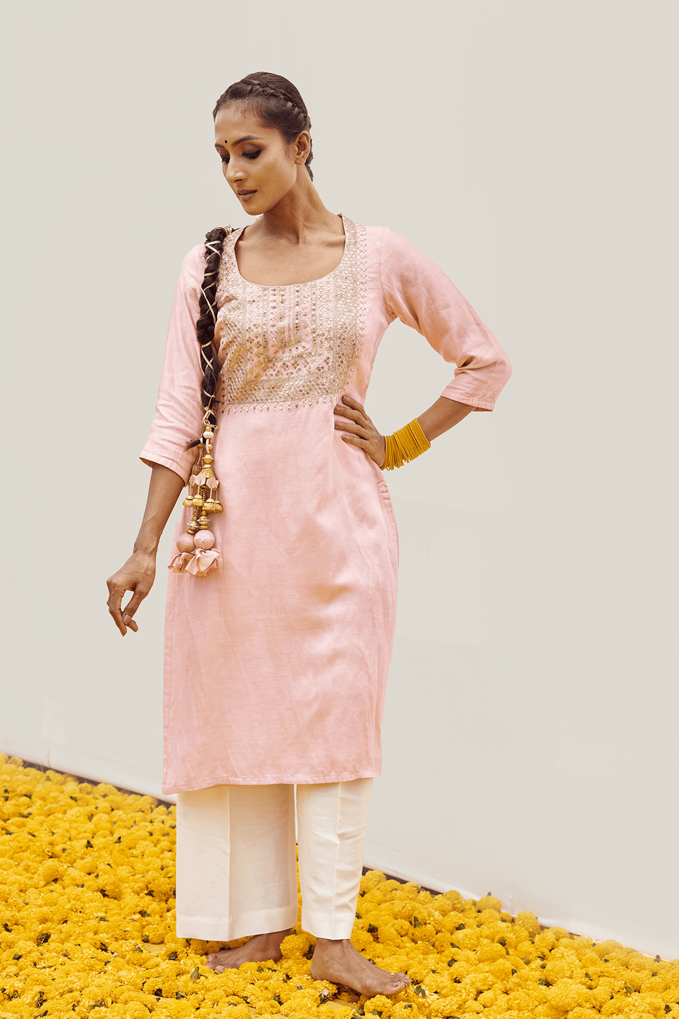 Pink kurta set with Hand embellished on bodice — view 1