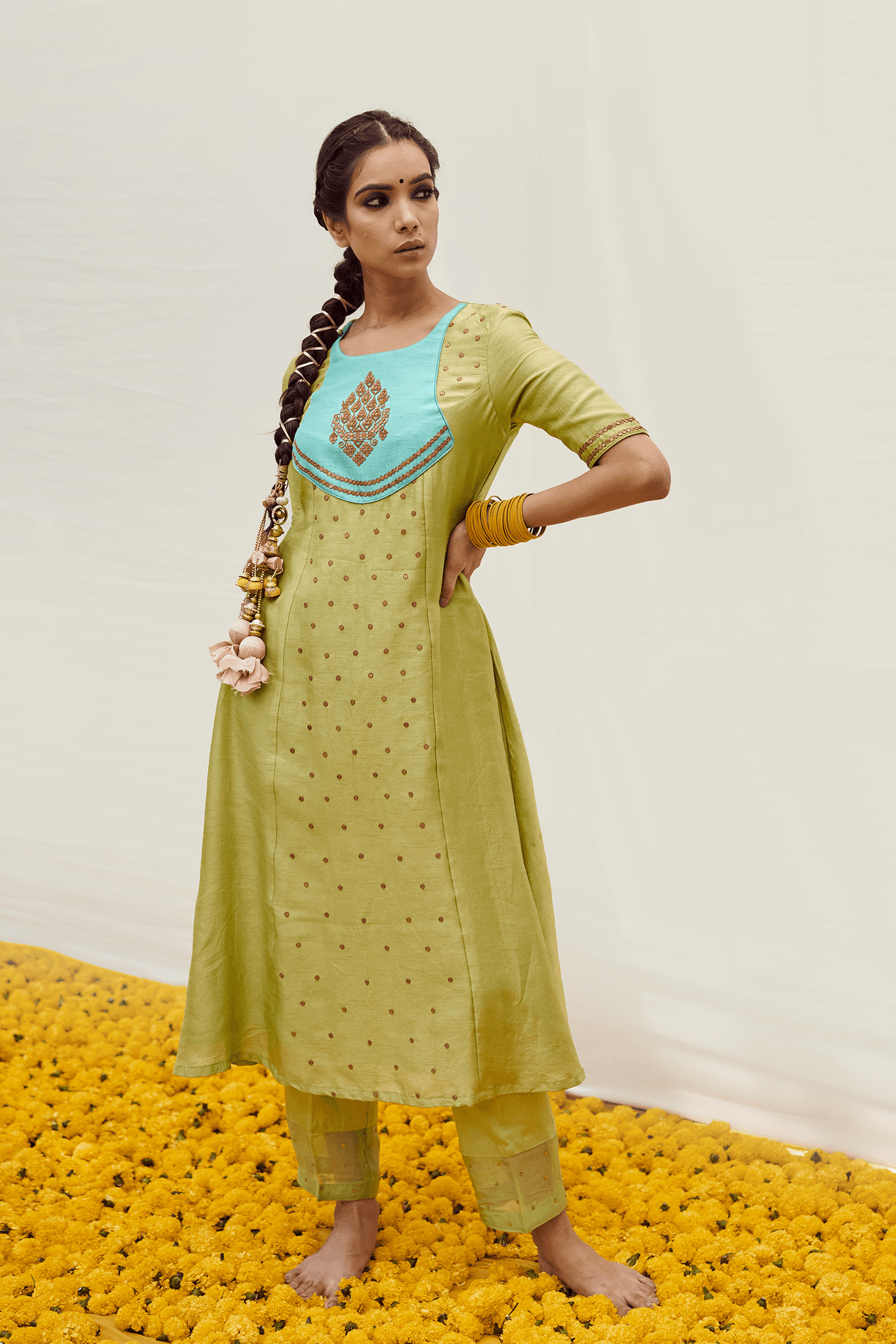 Turquoise patched Lemon Green kurta set with handwork — view 1