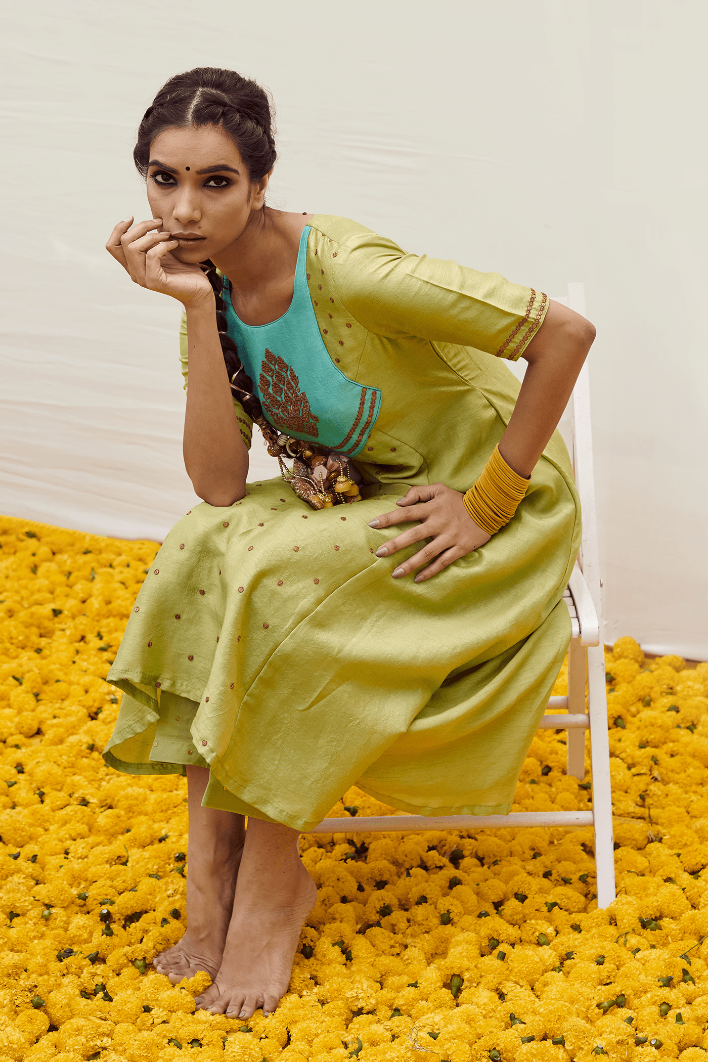 Craftsmanship detail — Turquoise patched Lemon Green kurta set with handwork
