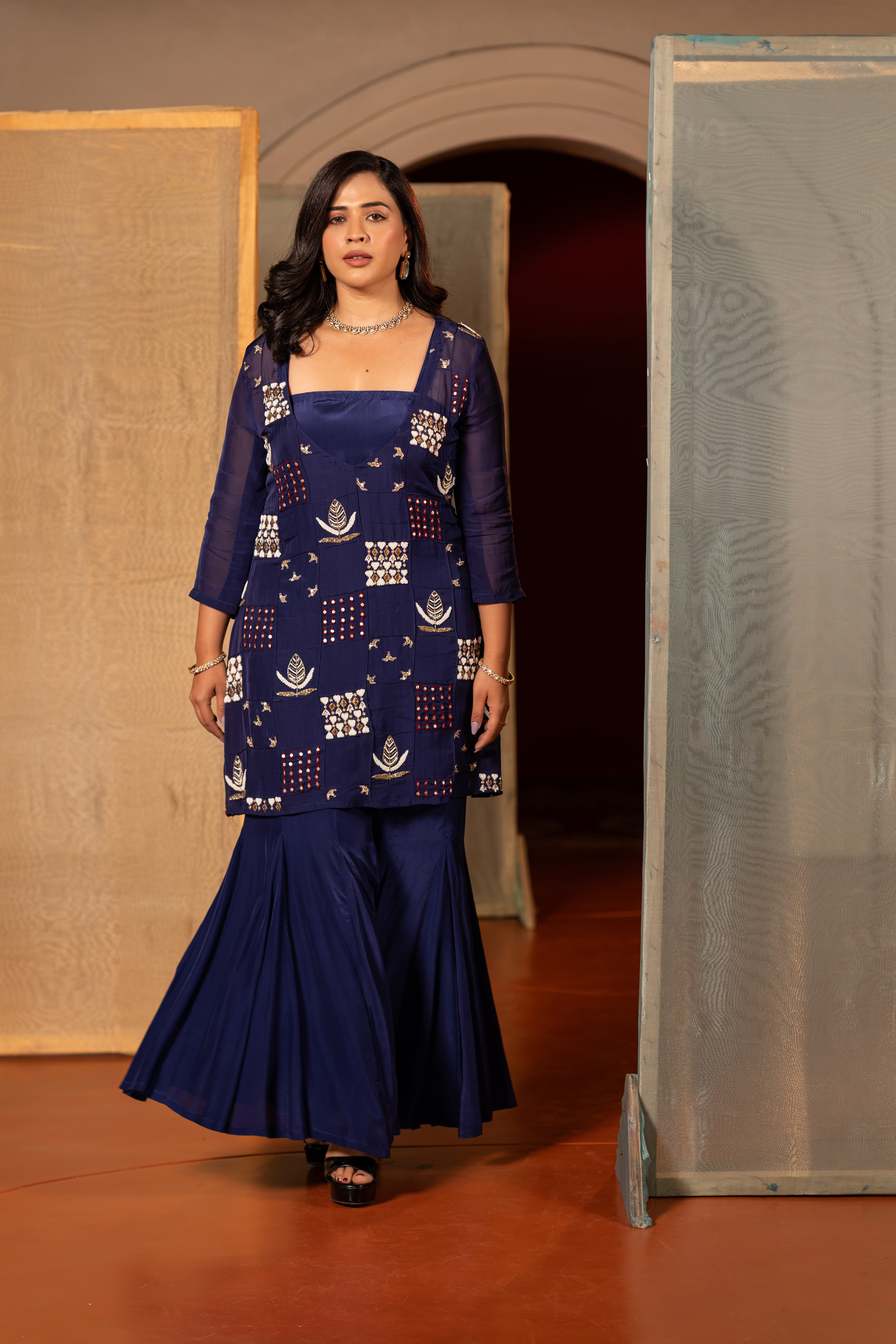 Craftsmanship detail — Navy Blue Indowestern set with handwork