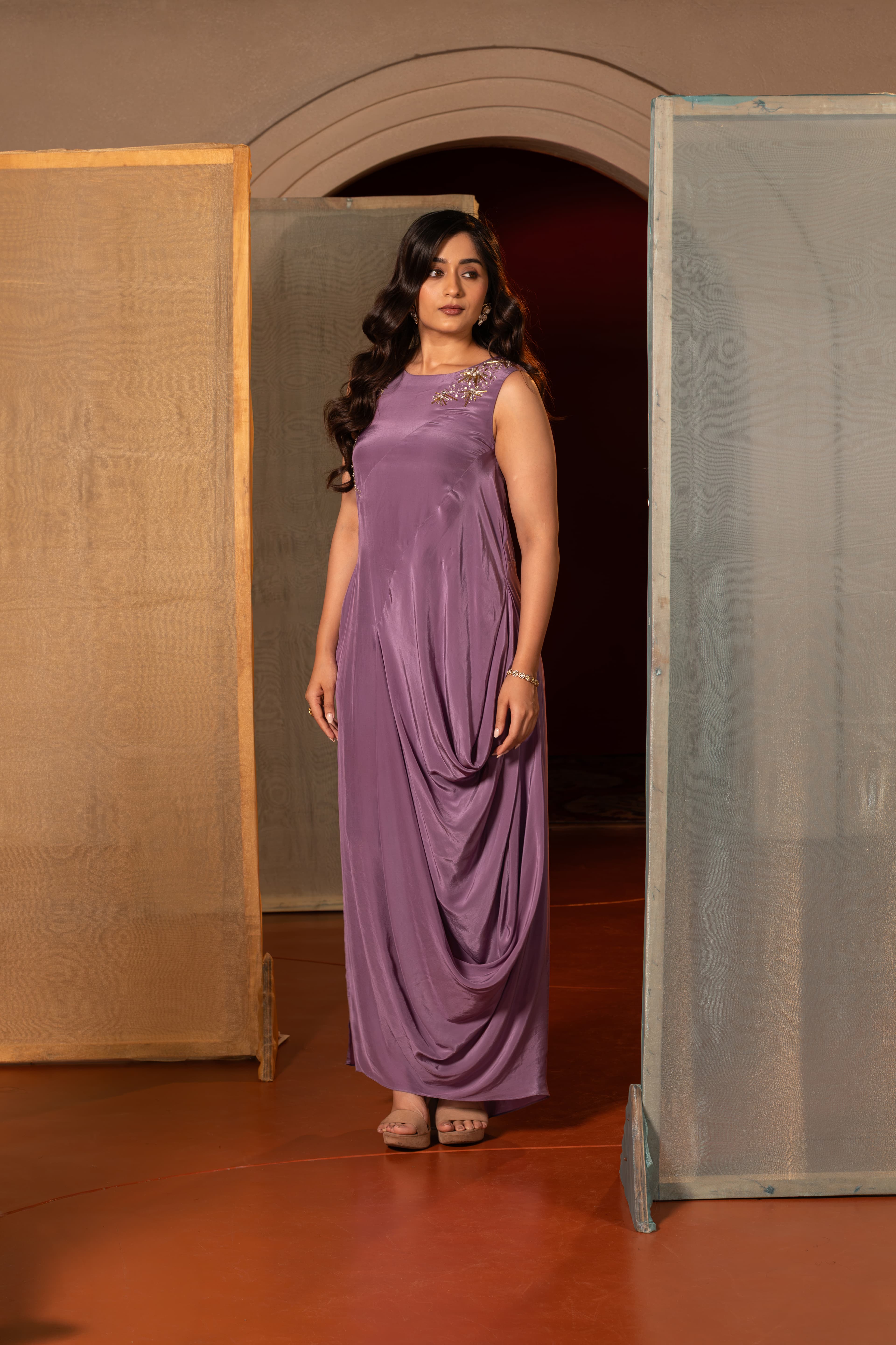 Craftsmanship detail — Lavender Draped silhouette with intricate handwork