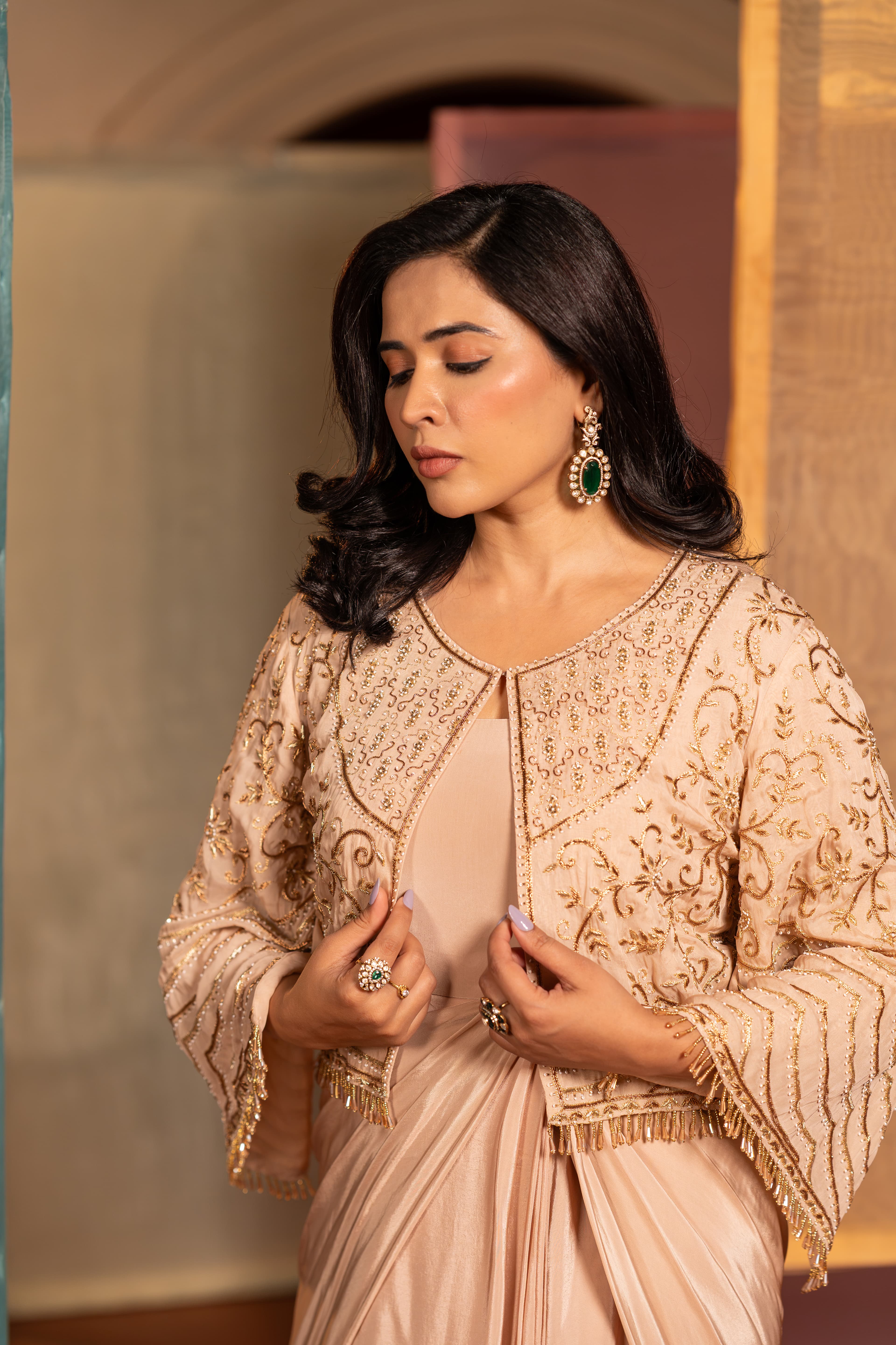 Craftsmanship detail — Soft Cream Draped Silhouette with Handwork Jacket