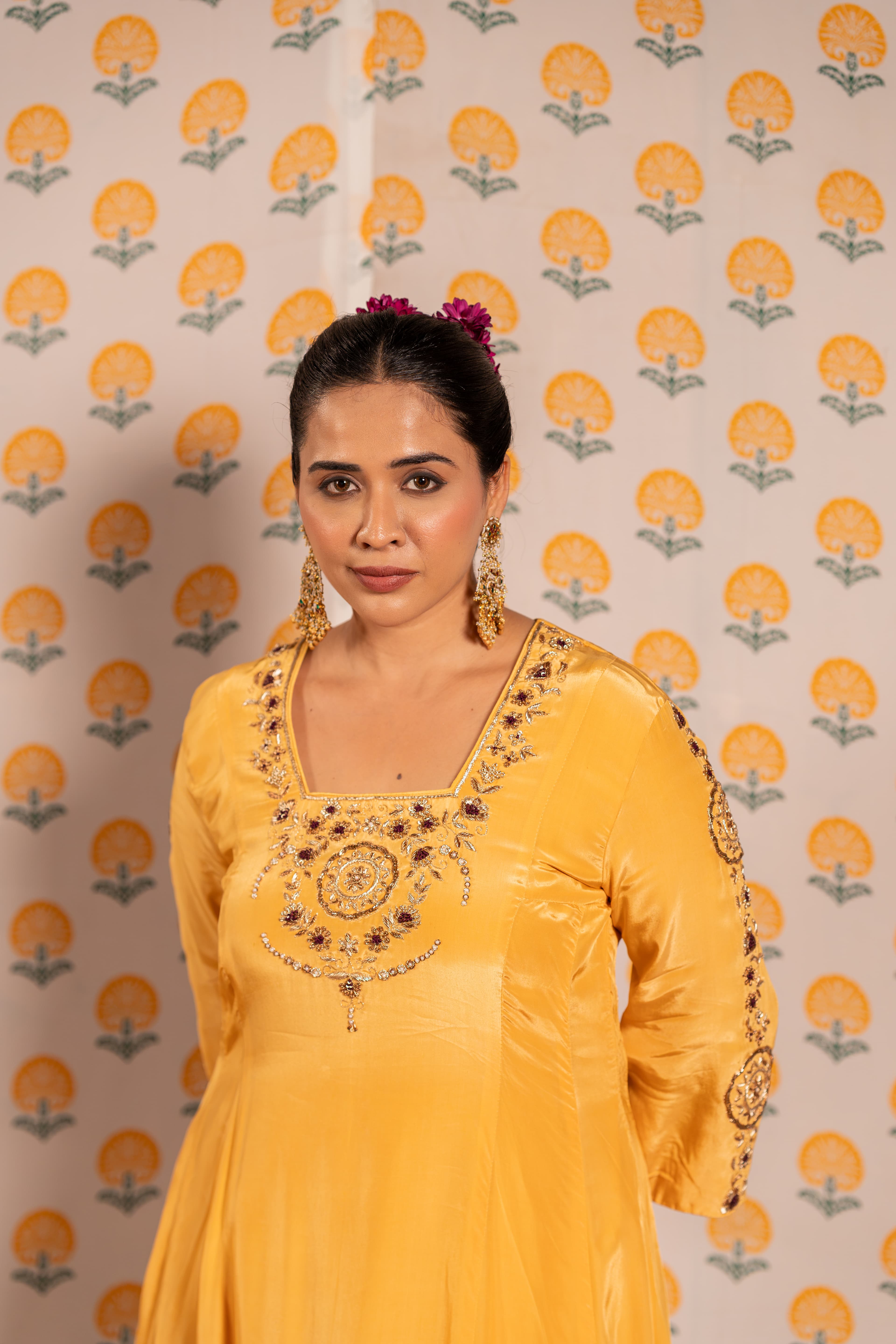 Craftsmanship detail — Yellow Handwork Aline kurta set