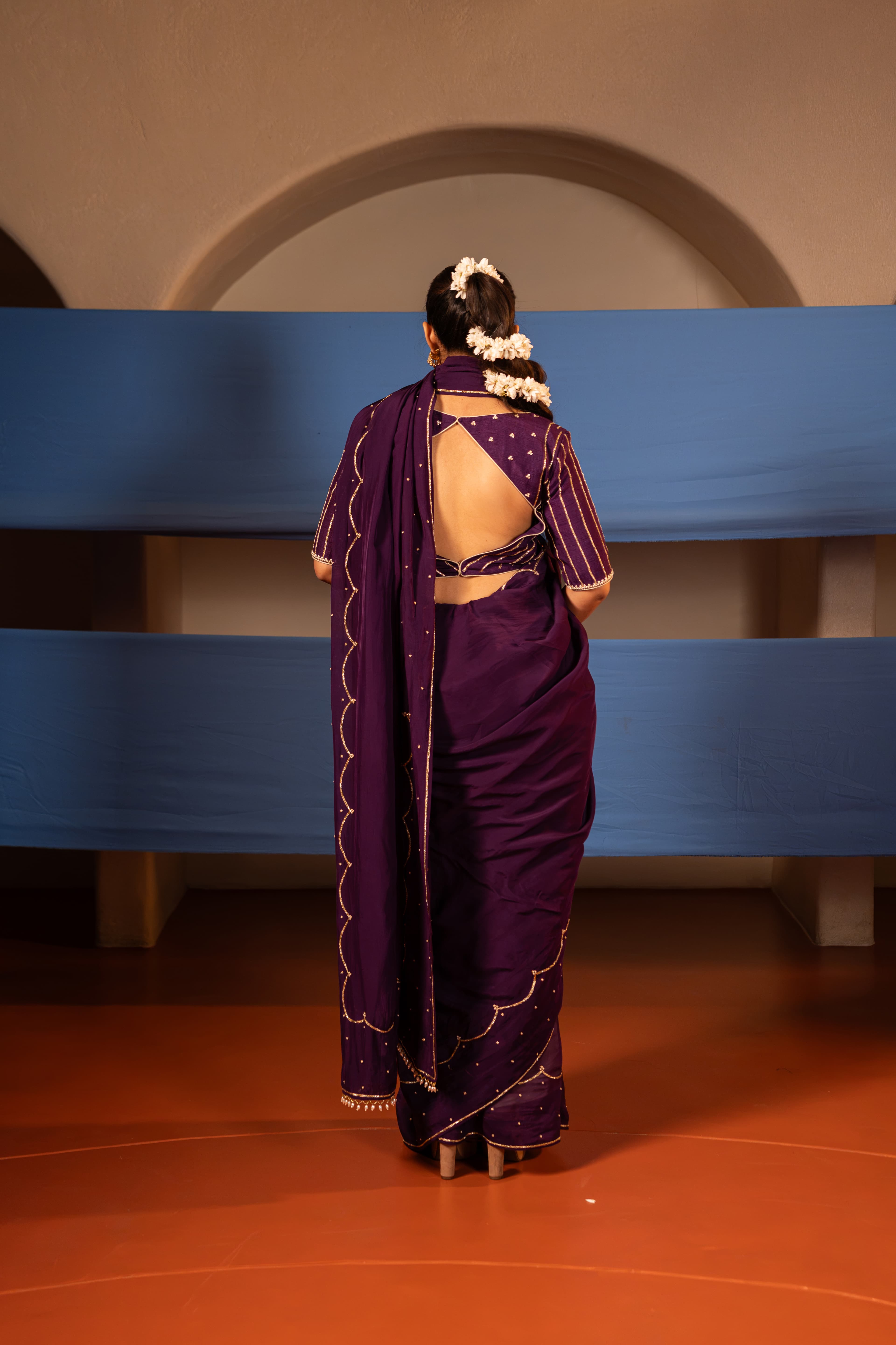 Craftsmanship detail — Deep Purple Organza Handwork Saree with Silk Pitta Handwork blouse